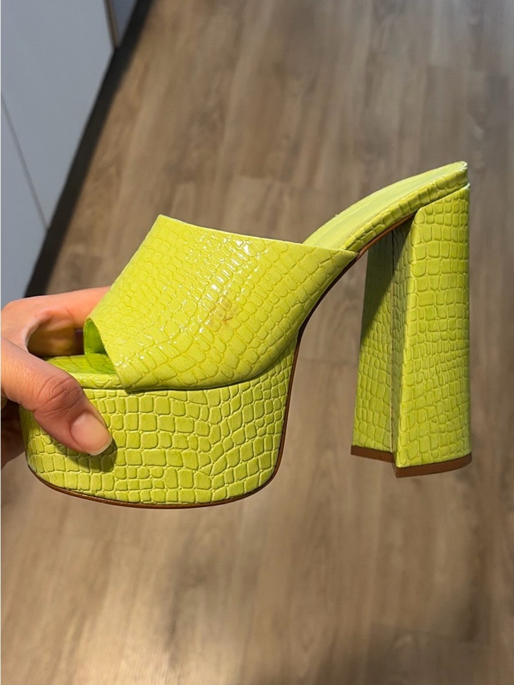 SCHUTZ Neon Lime Croc-Embossed Platform Mule Heels